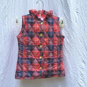 Girl's crown & ivy vest, red navy green & white, ruffle neck, snap front, 2T